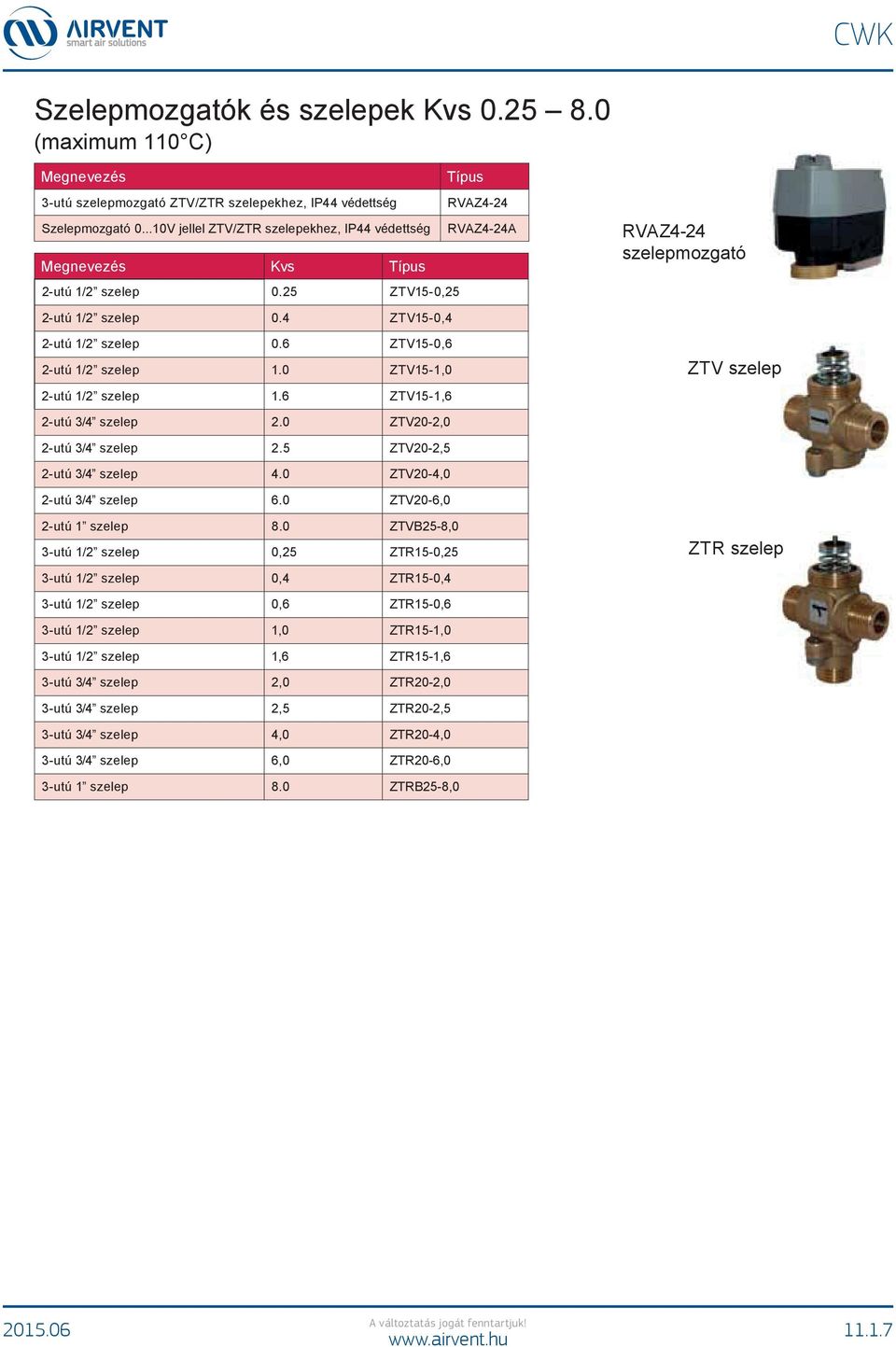6 ZTV15-0,6 2-utú 1/2 szelep 1.0 ZTV15-1,0 2-utú 1/2 szelep 1.6 ZTV15-1,6 ZTV szelep 2-utú 3/4 szelep 2.0 ZTV20-2,0 2-utú 3/4 szelep 2.5 ZTV20-2,5 2-utú 3/4 szelep 4.0 ZTV20-4,0 2-utú 3/4 szelep 6.