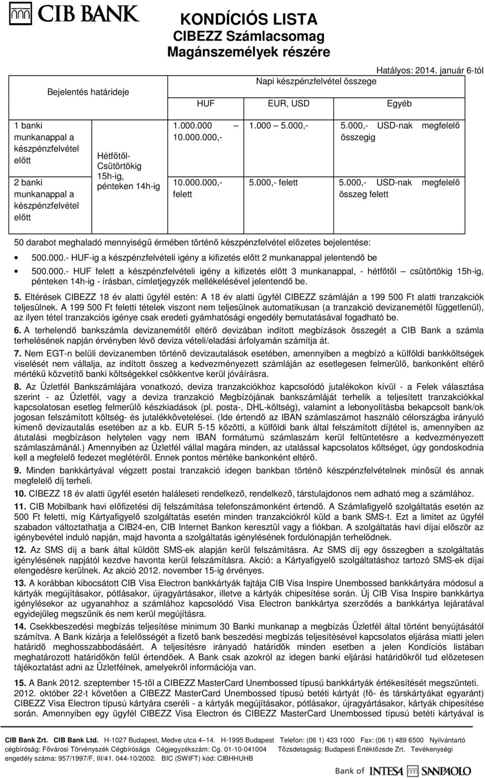 000,- -nak megfelelő összeg felett 50 darabot meghaladó mennyiségű érmében történő készpénzfelvétel előzetes bejelentése: 500.000.- HUF-ig a készpénzfelvételi igény a kifizetés előtt 2 munkanappal jelentendő be 500.