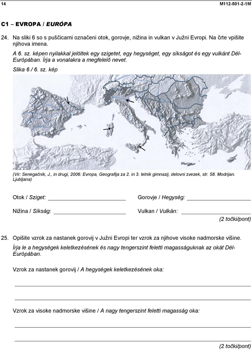 , in drugi, 2006: Evropa, Geografija za 2. in 3. letnik gimnazij, delovni zvezek, str. 58. Modrijan. Ljubljana) Otok / Sziget: Nižina / Síkság: Gorovje / Hegység: Vulkan / Vulkán: 25.