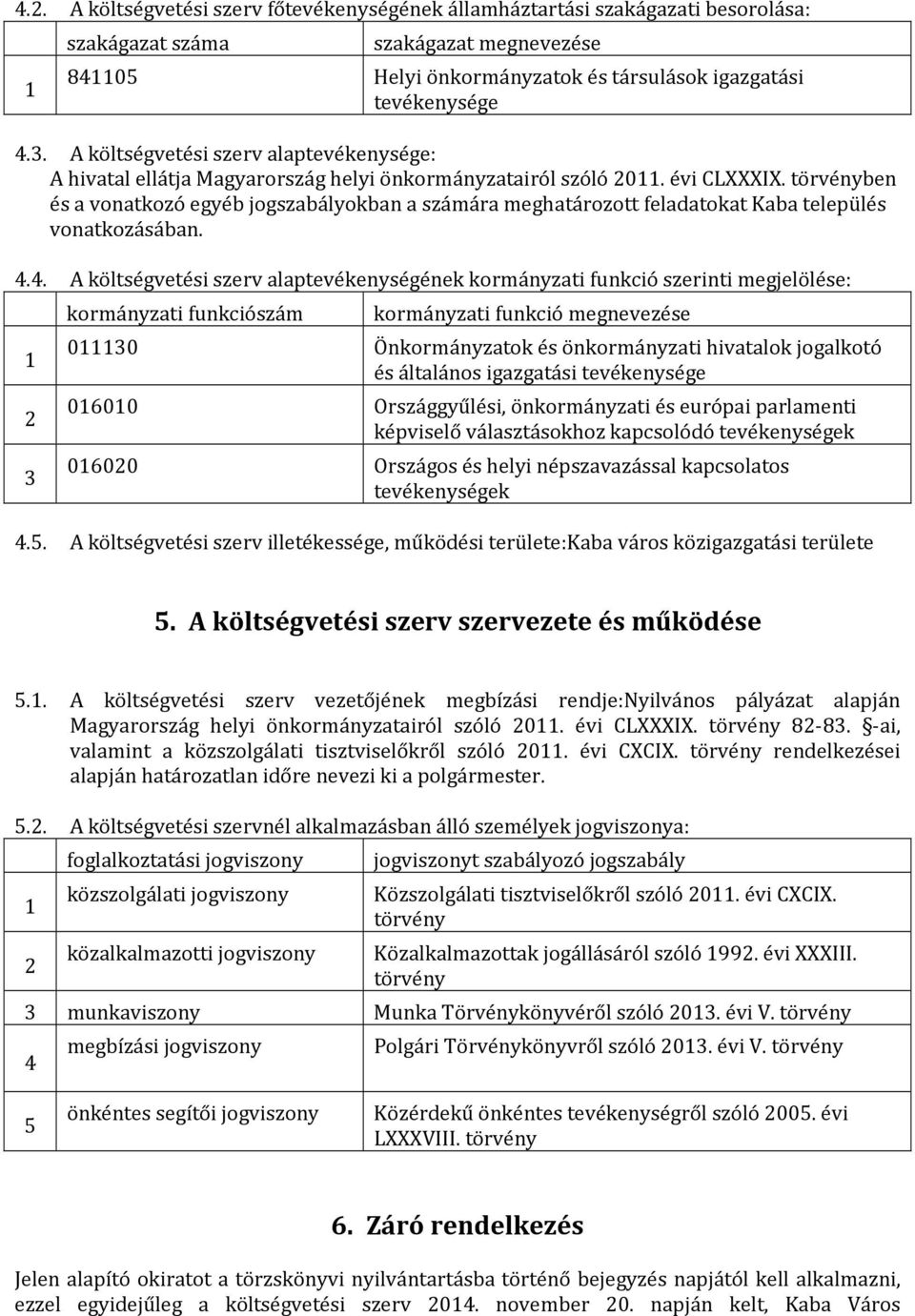 törvényben és a vonatkozó egyéb jogszabályokban a számára meghatározott feladatokat Kaba település vonatkozásában. 4.