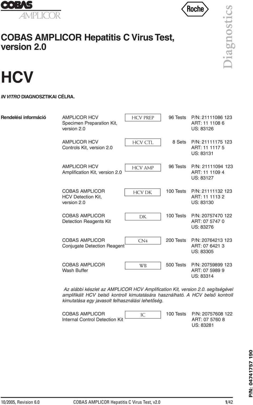 0 US: 83126 AMPLICOR HCV HCV CTL 8 Sets P/N: 21111175 123 Controls Kit, version 2.0 ART: 11 1117 5 US: 83131 AMPLICOR HCV HCV AMP 96 Tests P/N: 21111094 123 Amplification Kit, version 2.