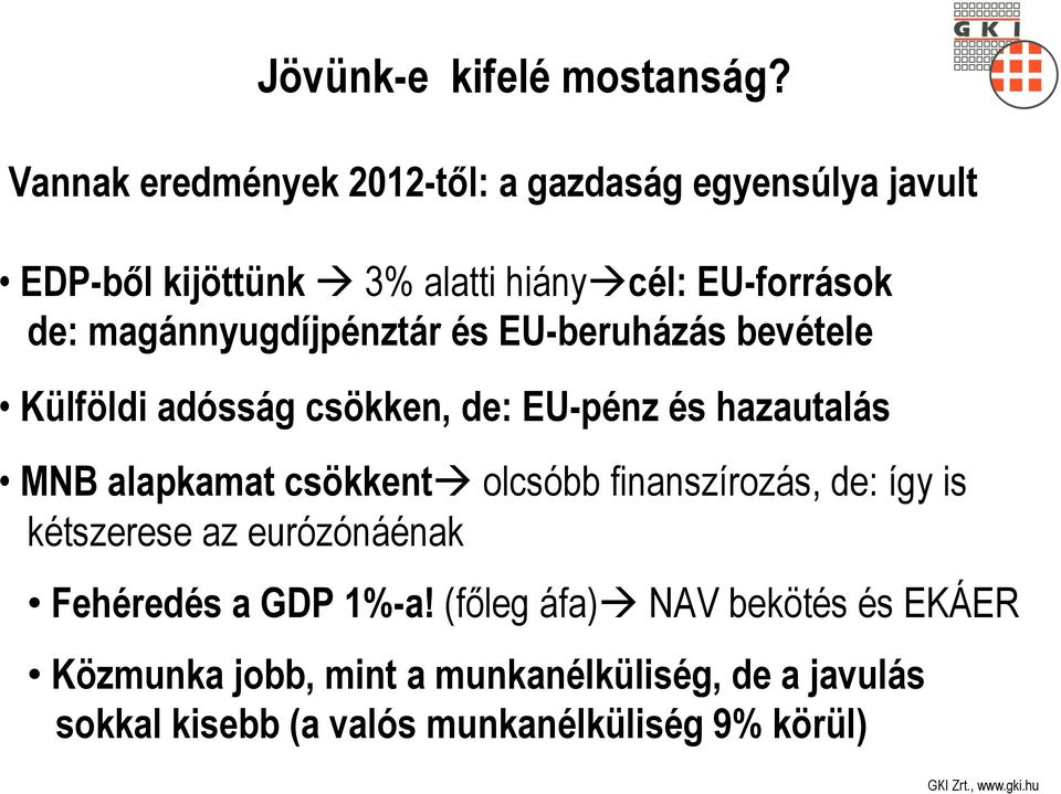 MNB alapkamat csökkent! olcsóbb finanszírozás, de: így is kétszerese az eurózónáénak Fehéredés a GDP 1%-a! (főleg áfa)!