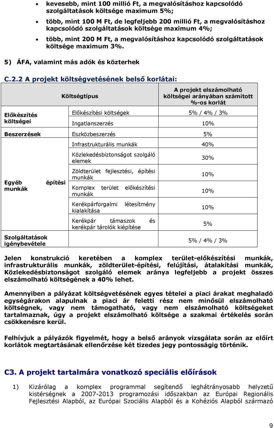 0 M Ft, a megvalósításhoz kapcsolódó szolgáltatások költsége maximum 3%. 5) ÁFA, valamint más adók és közterhek C.2.