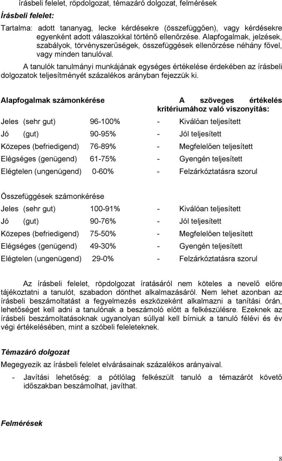 A tanulók tanulmányi munkájának egységes értékelése érdekében az írásbeli dolgozatok teljesítményét százalékos arányban fejezzük ki.