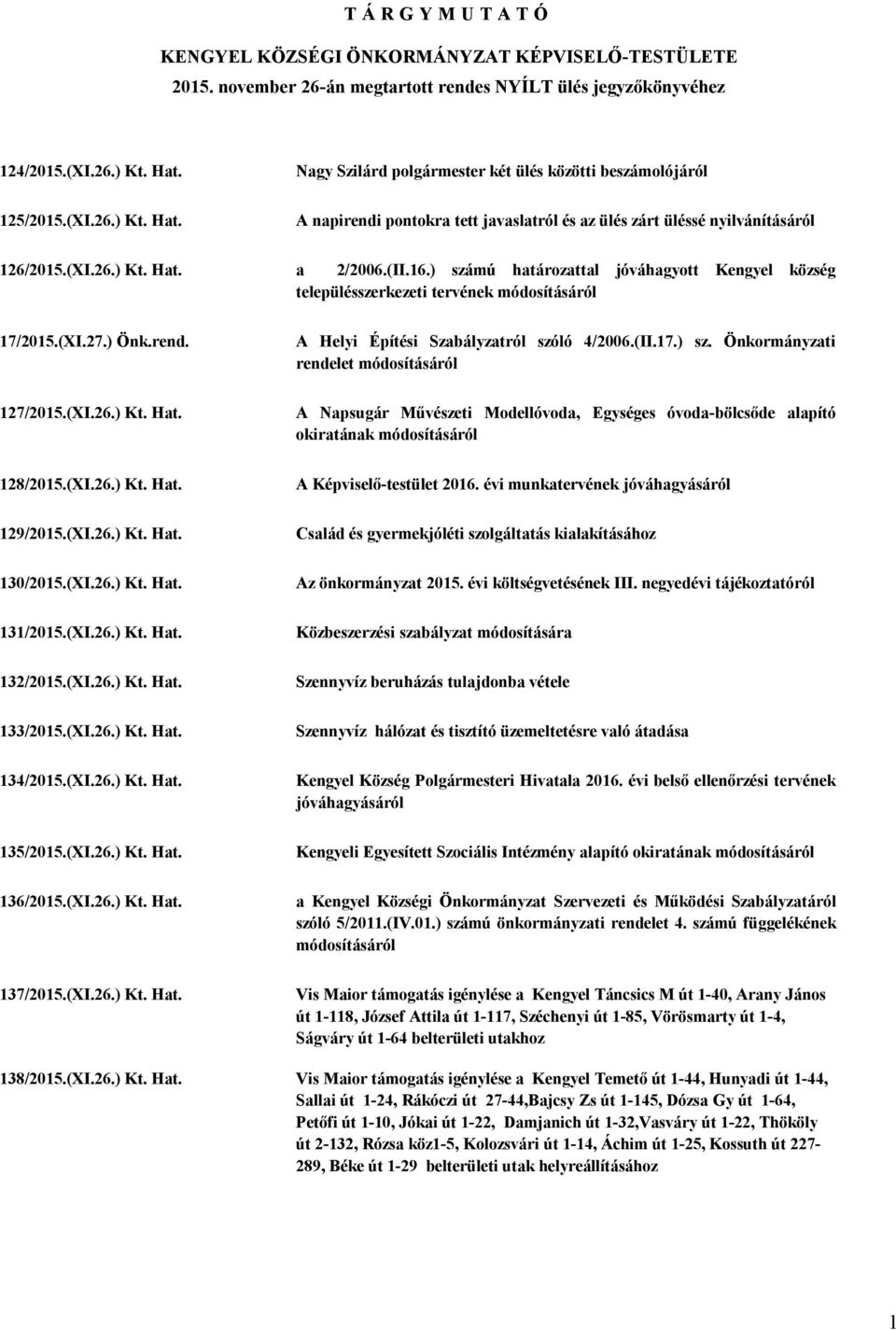 (II.16.) számú határozattal jóváhagyott Kengyel község településszerkezeti tervének módosításáról 17/2015.(XI.27.) Önk.rend. 127/2015.(XI.26.) Kt. Hat. A Helyi Építési Szabályzatról szóló 4/2006.(II.17.) sz. Önkormányzati rendelet módosításáról A Napsugár Művészeti Modellóvoda, Egységes óvoda-bölcsőde alapító okiratának módosításáról 128/2015.
