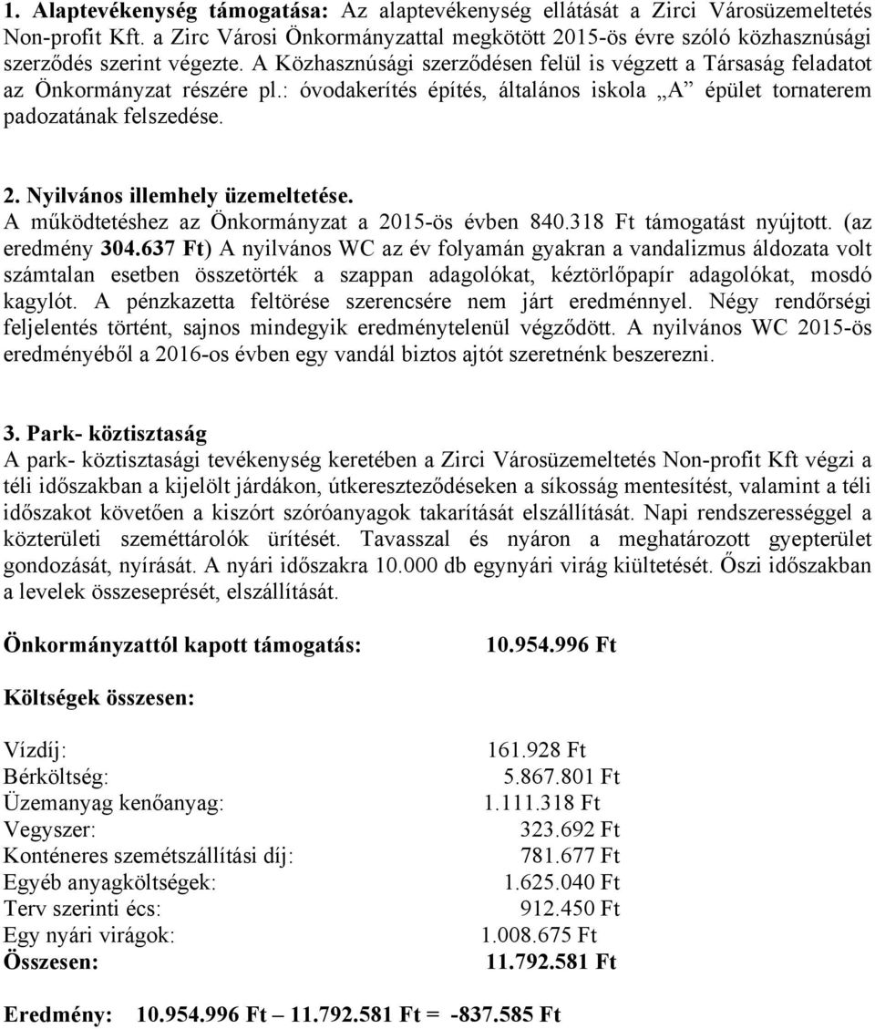 Nyilvános illemhely üzemeltetése. A működtetéshez az Önkormányzat a 215-ös évben 84.318 Ft támogatást nyújtott. (az eredmény 34.