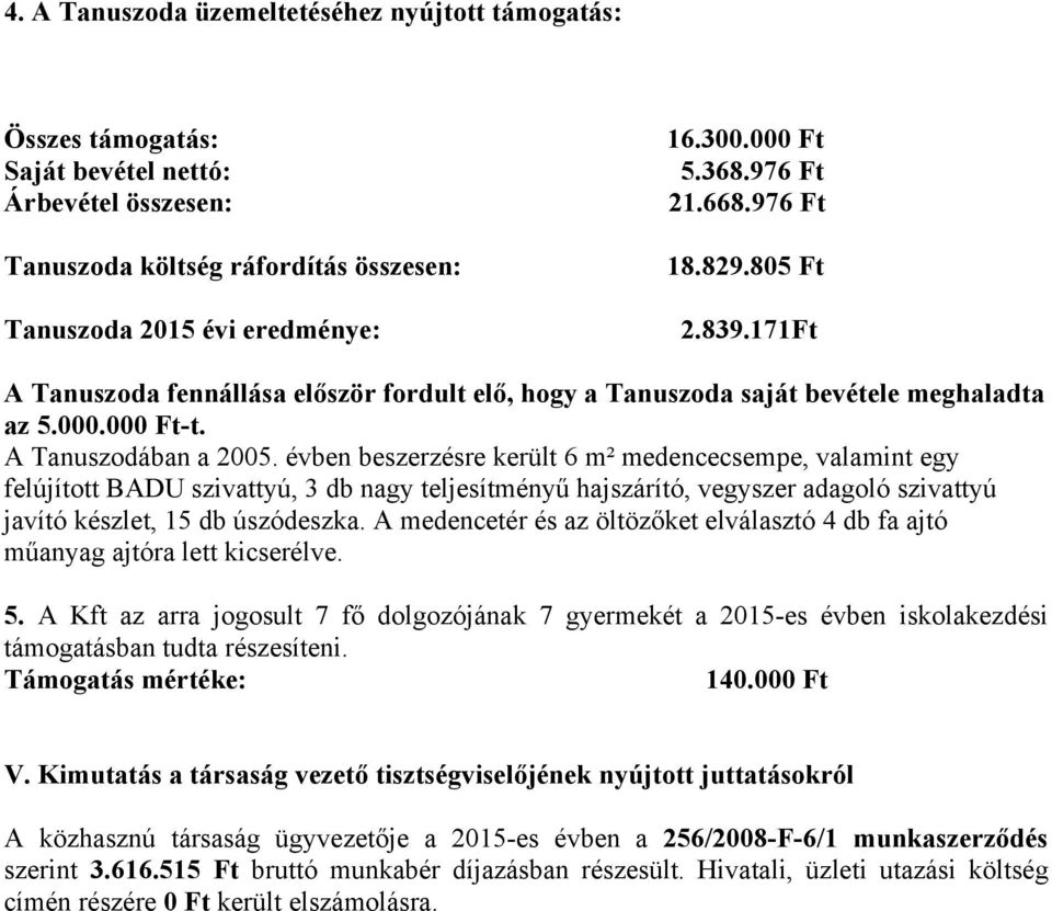 évben beszerzésre került 6 m² medencecsempe, valamint egy felújított BADU szivattyú, 3 db nagy teljesítményű hajszárító, vegyszer adagoló szivattyú javító készlet, 15 db úszódeszka.