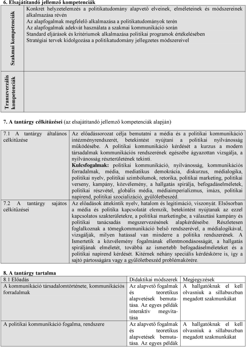 politikatudományok terén Az alapfogalmak adekvát használata a szakmai kommunikáció során Standard eljárások és kritériumok alkalmazása politikai programok értékelésében Stratégiai tervek kidolgozása