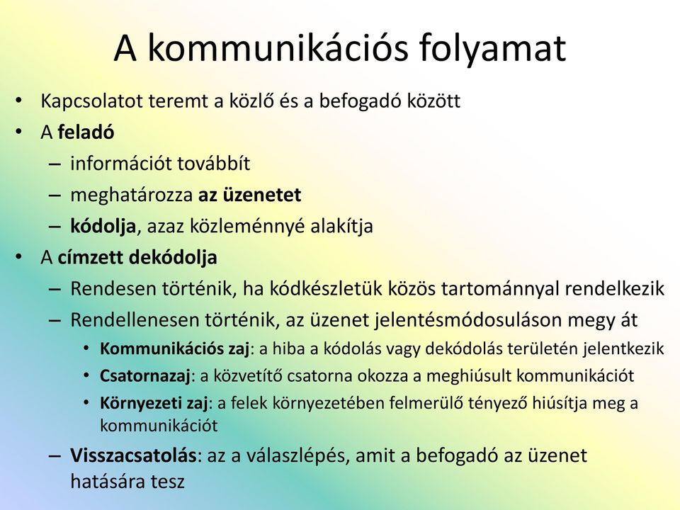 jelentésmódosuláson megy át Kommunikációs zaj: a hiba a kódolás vagy dekódolás területén jelentkezik Csatornazaj: a közvetítő csatorna okozza a