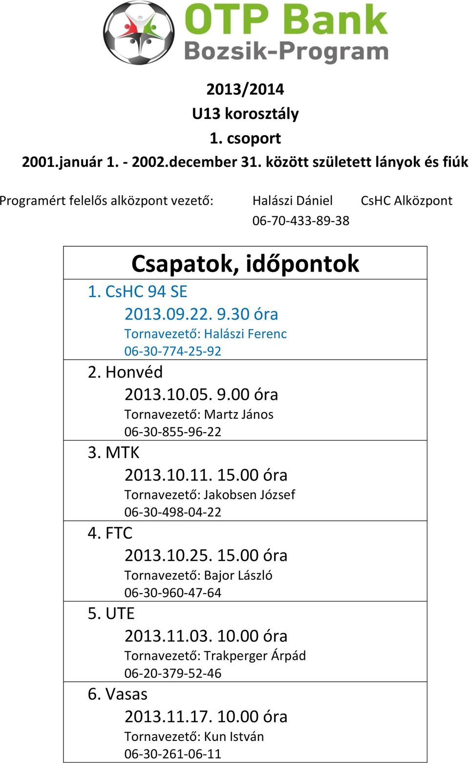 MTK 2013.10.11. 15.00 óra Tornavezető: Jakobsen József 06-30-498-04-22 4. FTC 2013.10.25. 15.00 óra Tornavezető: Bajor László 06-30-960-47-64 5.