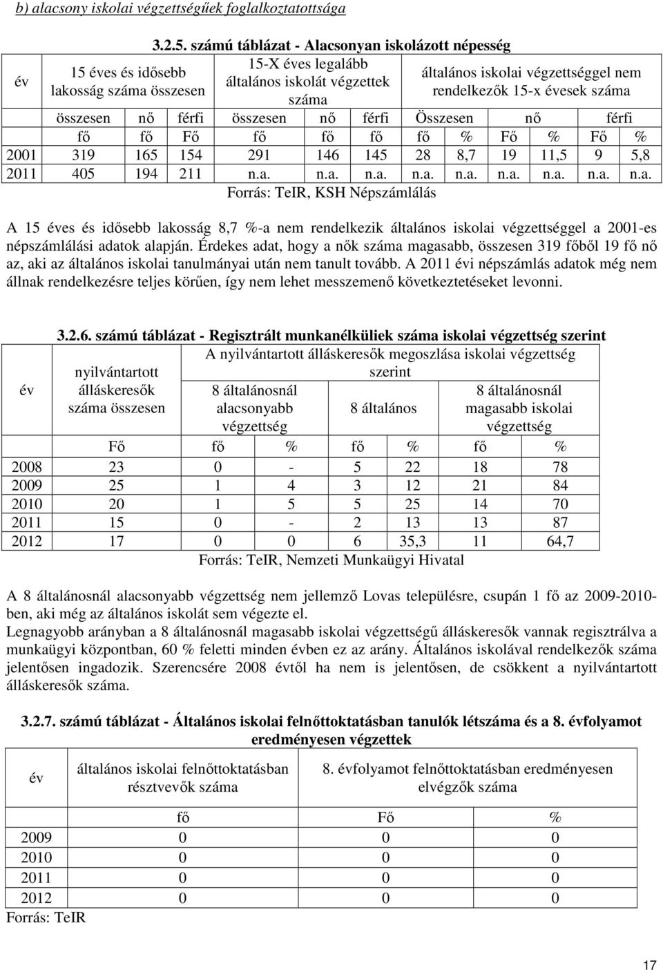 számú táblázat - Alacsonyan iskolázott népesség 15-X éves legalább általános iskolát végzettek száma általános iskolai végzettséggel nem rendelkezık 15-x évesek száma összesen nı férfi összesen nı