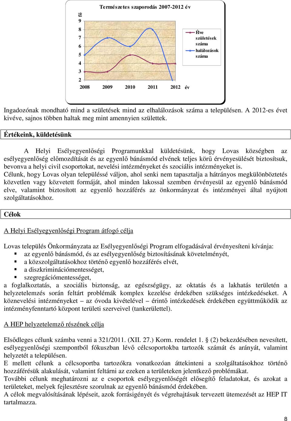 Értékeink, küldetésünk A Helyi Esélyegyenlıségi Programunkkal küldetésünk, hogy Lovas községben az esélyegyenlıség elımozdítását és az egyenlı bánásmód elvének teljes körő érvényesülését biztosítsuk,