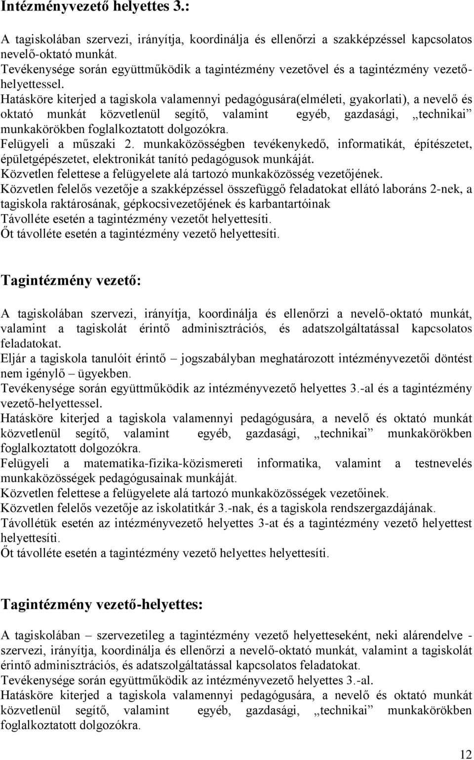 Hatásköre kiterjed a tagiskola valamennyi pedagógusára(elméleti, gyakorlati), a nevelő és oktató munkát közvetlenül segítő, valamint egyéb, gazdasági, technikai munkakörökben foglalkoztatott