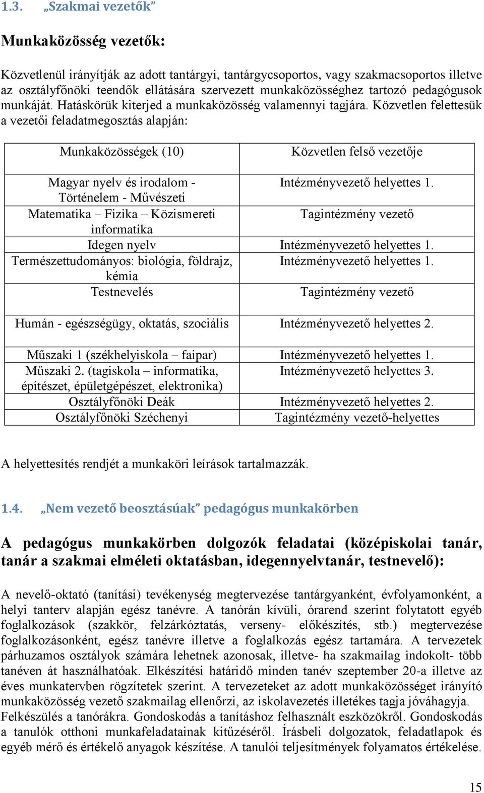 Közvetlen felettesük a vezetői feladatmegosztás alapján: Munkaközösségek (10) Közvetlen felső vezetője Magyar nyelv és irodalom - Intézményvezető helyettes 1.