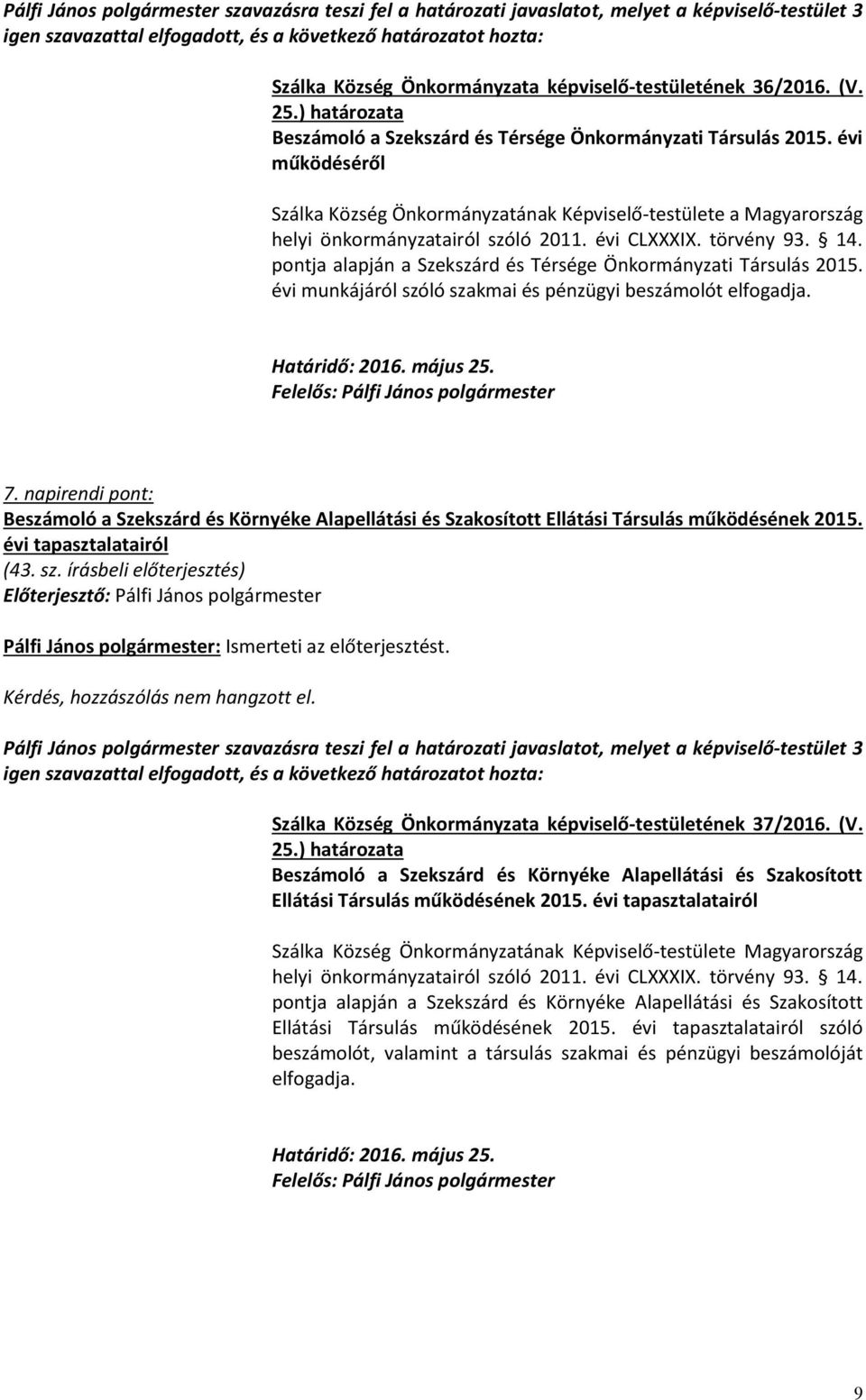 pontja alapján a Szekszárd és Térsége Önkormányzati Társulás 2015. évi munkájáról szóló szakmai és pénzügyi beszámolót elfogadja. 7.