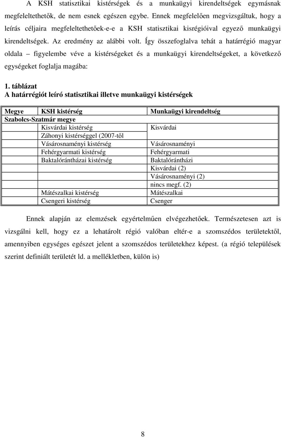 Így összefoglalva tehát a határrégió magyar oldala figyelembe véve a kistérségeket és a munkaügyi kirendeltségeket, a következı egységeket foglalja magába: 1.