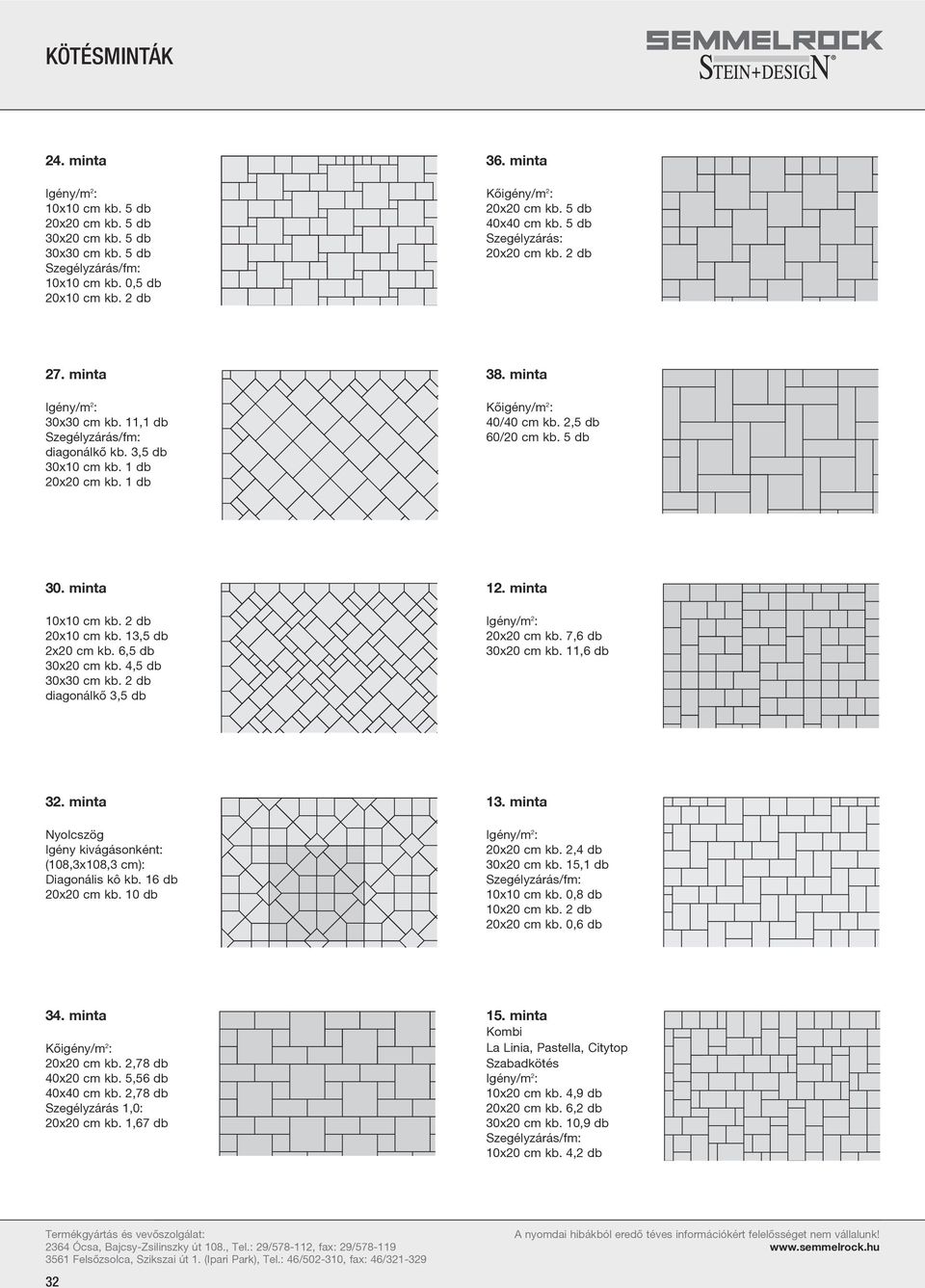 minta 10x10 cm kb. 2 db 20x10 cm kb. 13,5 db 2x20 cm kb. 6,5 db 30x20 cm kb. 4,5 db 30x30 cm kb. 2 db diagonálkõ 3,5 db 12. minta 20x20 cm kb. 7,6 db 30x20 cm kb. 11,6 db 32.