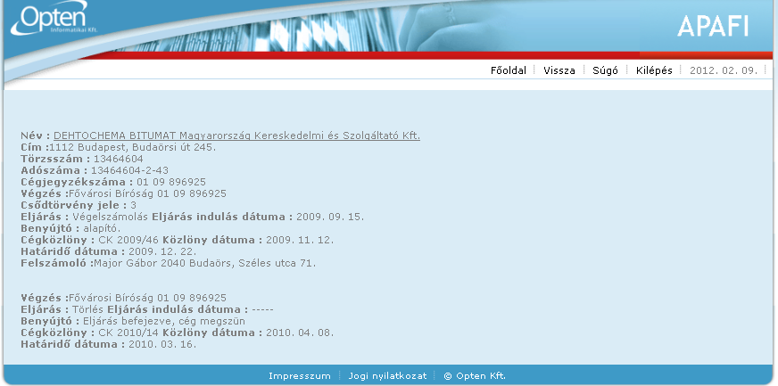 5. Eljárás alatti partnerek exportálása Az eljárás alá került cégek listája ablakban a lista alján található két Export link.