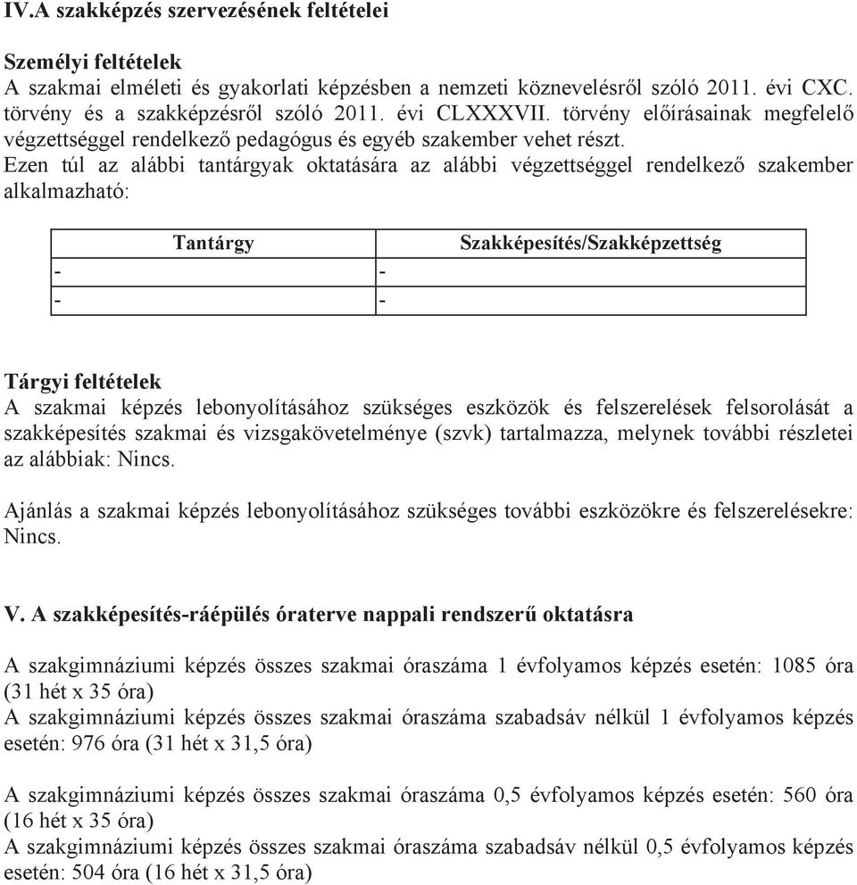 Ezen túl az alábbi tantárgyak oktatására az alábbi végzettséggel rendelkez szakember alkalmazható: Tantárgy - - - - Szakképesítés/Szakképzettség Tárgyi feltételek A szakmai képzés lebonyolításához