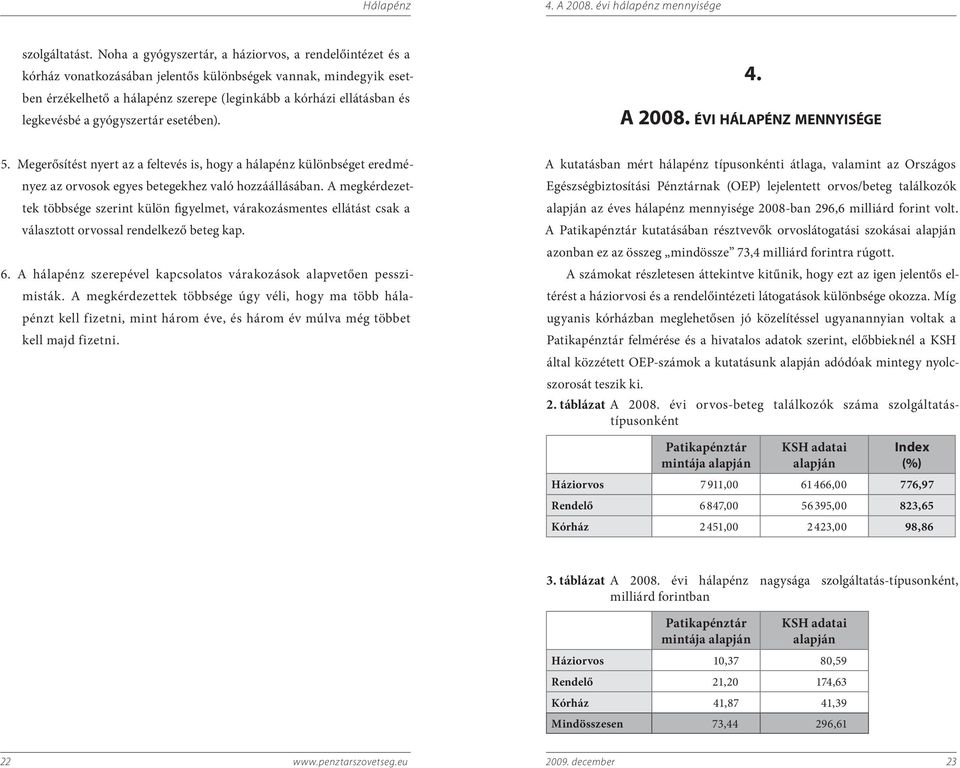 legkevésbé a gyógyszertár esetében). 4. A 2008. ÉVI HÁLAPÉNZ MENNYISÉGE 5. Megerősítést nyert az a feltevés is, hogy a hálapénz különbséget eredményez az orvosok egyes betegekhez való hozzáállásában.
