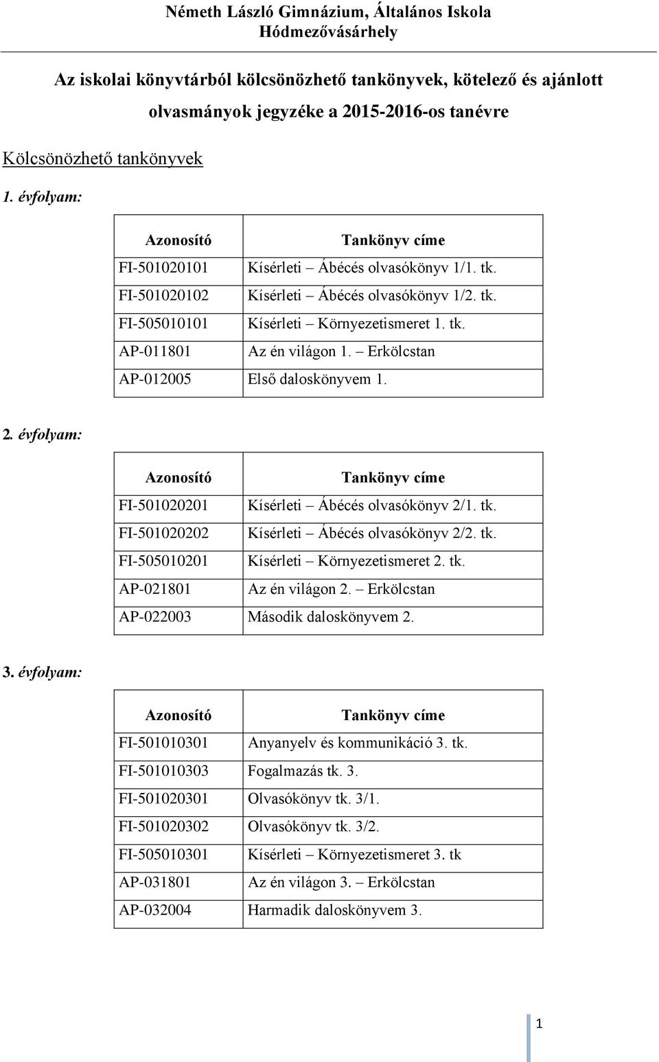 tk. Az én világon 1. Erkölcstan AP-012005 Első daloskönyvem 1. 2. évfolyam: FI-501020201 Kísérleti Ábécés olvasókönyv 2/1. tk. FI-501020202 Kísérleti Ábécés olvasókönyv 2/2. tk. FI-505010201 Kísérleti Környezetismeret 2.