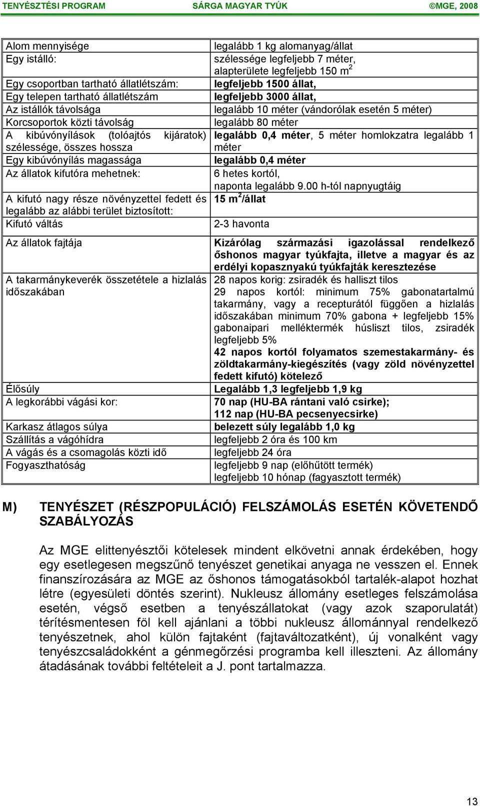 alomanyag/állat szélessége legfeljebb 7 méter, alapterülete legfeljebb 150 m 2 legfeljebb 1500 állat, legfeljebb 3000 állat, legalább 10 méter (vándorólak esetén 5 méter) legalább 80 méter legalább