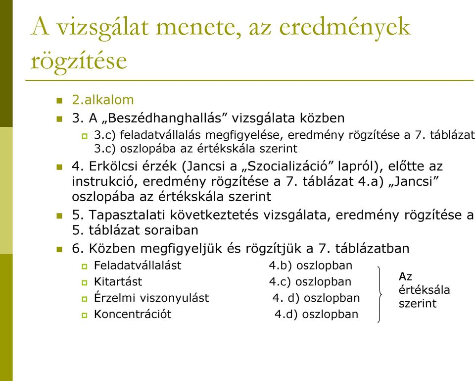 a) Jancsi oszlopába az értékskála szerint 5. Tapasztalati következtetés vizsgálata, eredmény rögzítése a 5. táblázat soraiban 6.