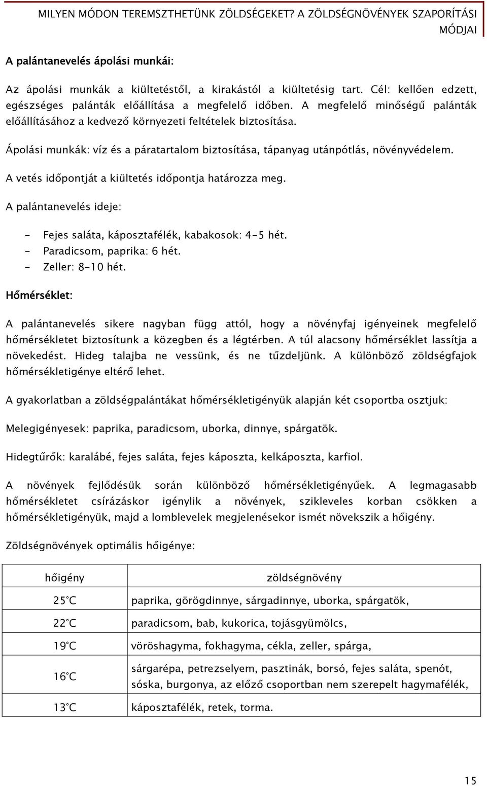 A vetés időpontját a kiültetés időpontja határozza meg. A palántanevelés ideje: - Fejes saláta, káposztafélék, kabakosok: 4-5 hét. - Paradicsom, paprika: 6 hét. - Zeller: 8-10 hét.