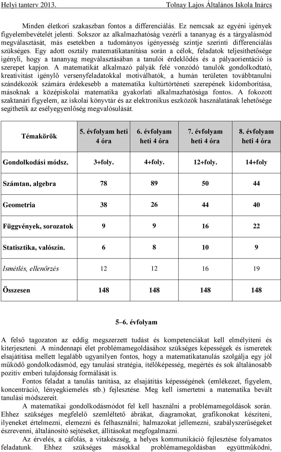 Egy adott osztály matematikatanítása során a célok, feladatok teljesíthetősége igényli, hogy a tananyag megválasztásában a tanulói érdeklődés és a pályaorientáció is szerepet kapjon.