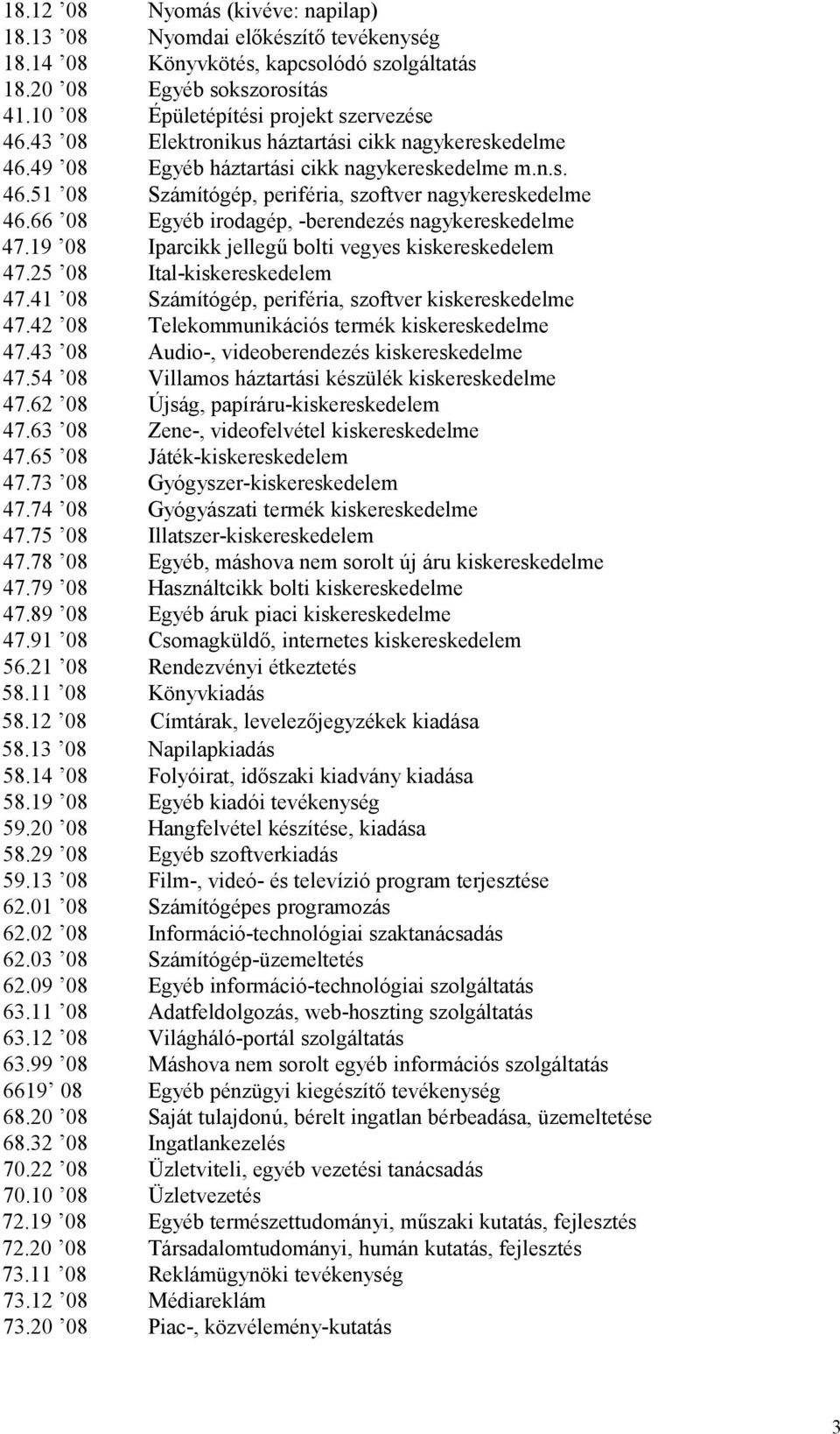 66 08 Egyéb irodagép, -berendezés nagykereskedelme 47.19 08 Iparcikk jellegű bolti vegyes kiskereskedelem 47.25 08 Ital-kiskereskedelem 47.41 08 Számítógép, periféria, szoftver kiskereskedelme 47.