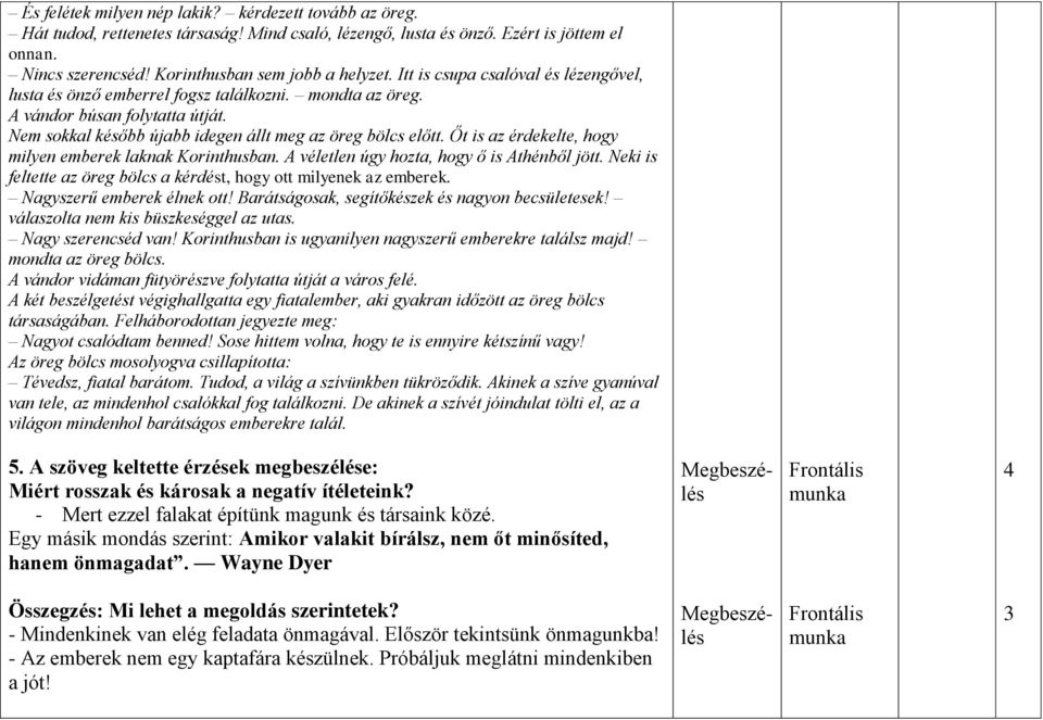 Őt is az érdekelte, hogy milyen emberek laknak Korinthusban. A véletlen úgy hozta, hogy ő is Athénből jött. Neki is feltette az öreg bölcs a kérdést, hogy ott milyenek az emberek.