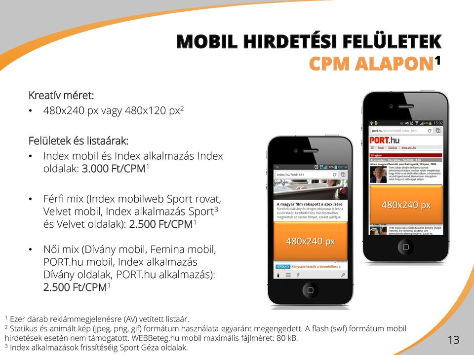 hu mobil, Index alkalmazás Dívány oldalak, PORT.hu alkalmazás): 2.500 Ft/CPM 480x240 px Ezer darab reklámmegjelenésre (AV) vetített listaár.