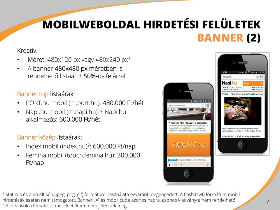 hu) 2 : 600.000 Ft/nap Femina mobil (touch.femina.hu): 300.000 Ft/nap 480x240 px Statikus és animált kép (jpeg, png, gif) formátum használata egyaránt megengedett.