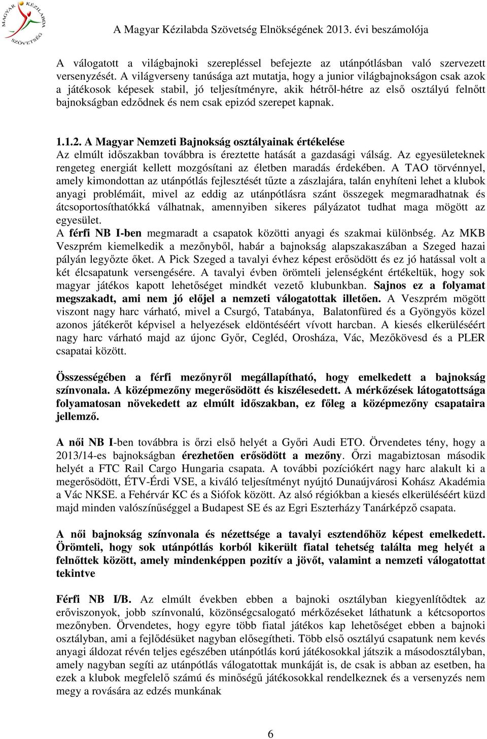 csak epizód szerepet kapnak. 1.1.2. A Magyar Nemzeti Bajnokság osztályainak értékelése Az elmúlt időszakban továbbra is éreztette hatását a gazdasági válság.