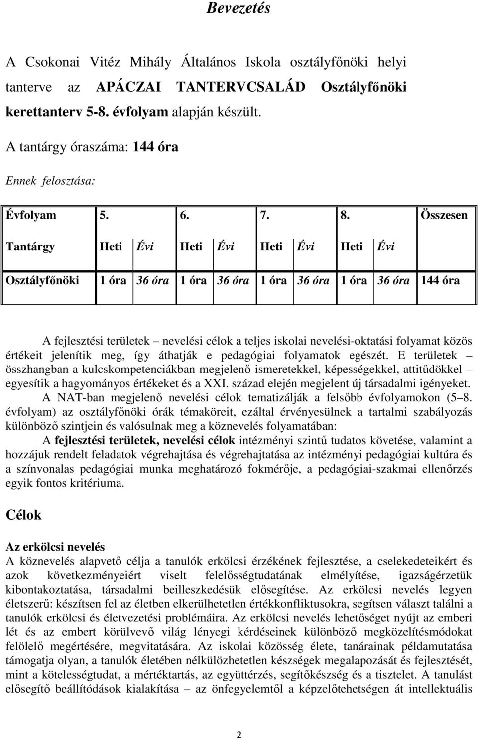 Összesen Tantárgy Heti Évi Heti Évi Heti Évi Heti Évi Osztályfőnöki 1 óra 36 óra 1 óra 36 óra 1 óra 36 óra 1 óra 36 óra 144 óra A fejlesztési területek nevelési célok a teljes iskolai