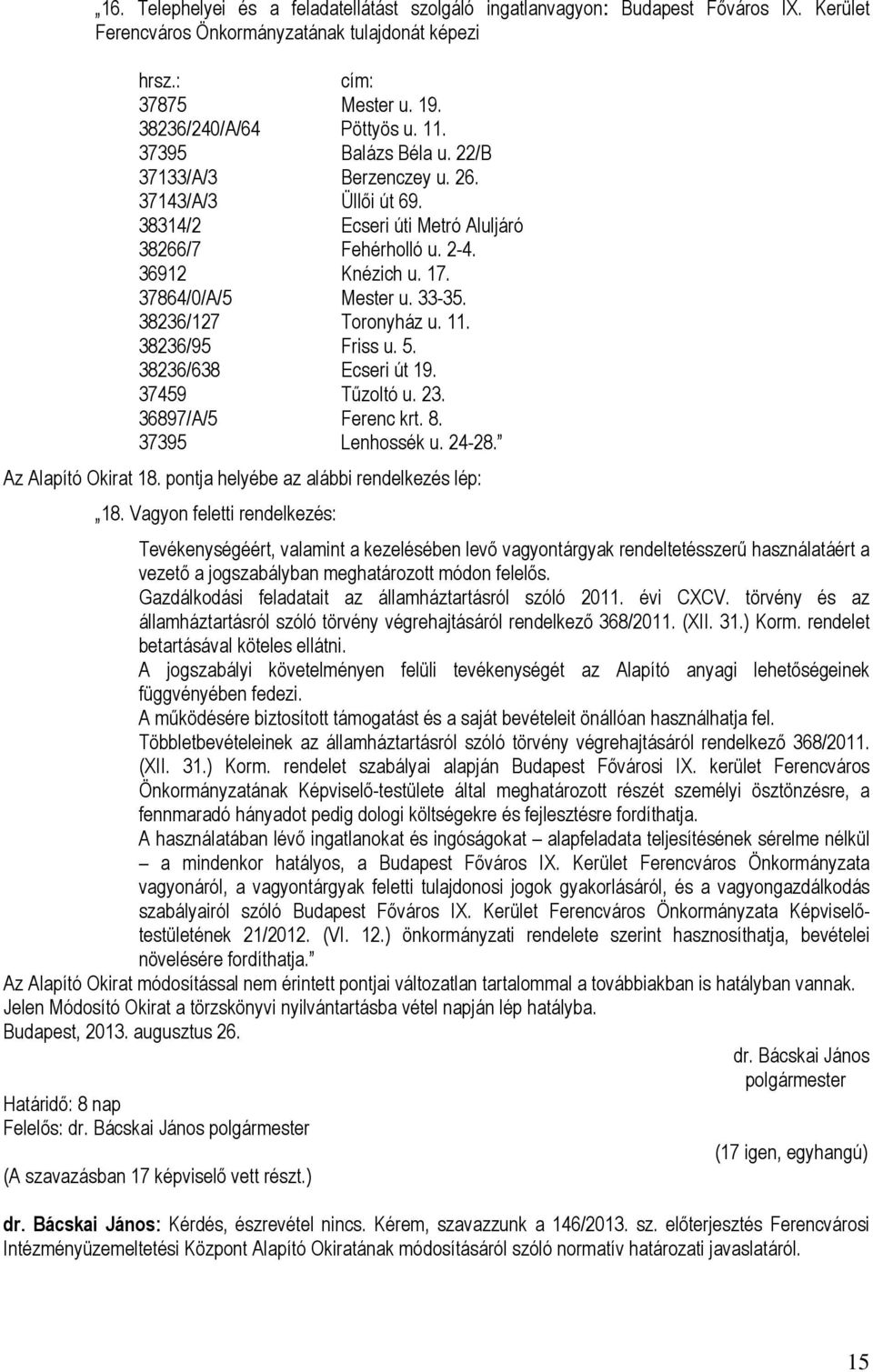 38236/127 Toronyház u. 11. 38236/95 Friss u. 5. 38236/638 Ecseri út 19. 37459 Tűzoltó u. 23. 36897/A/5 Ferenc krt. 8. 37395 Lenhossék u. 24-28. Az Alapító Okirat 18.