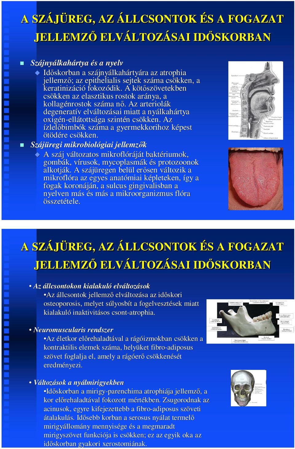 Az arteriolák degeneratív elváltozásai miatt a nyálkahártya oxigén-ellátottsága szintén csökken. Az ízlelőbimbók száma a gyermekkorihoz képest ötödére csökken.