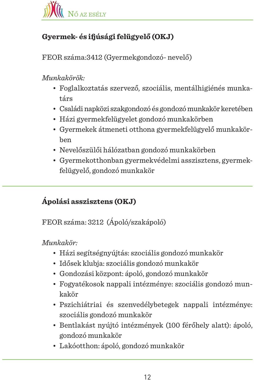 gyermekfelügyelő, gondozó munkakör Ápolási asszisztens (OKJ) FEOR száma: 3212 (Ápoló/szakápoló) Munkakör: Házi segítségnyújtás: szociális gondozó munkakör Idősek klubja: szociális gondozó munkakör