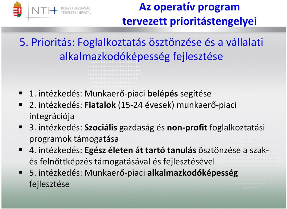 intézkedés: Munkaerő-piaci belépés segítése 2. intézkedés: Fiatalok(15-24 évesek) munkaerő-piaci integrációja 3.