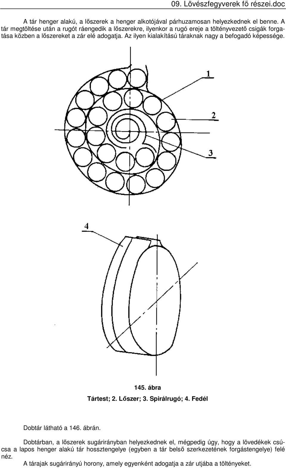 Az ilyen kialakítású táraknak nagy a befogadó képessége. 145. ábra Tártest; 2. Lőszer; 3. Spirálrugó; 4. Fedél Dobtár látható a 146. ábrán.