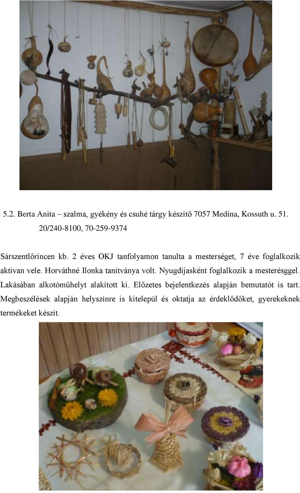 2 éves OKJ tanfolyamon tanulta a mesterséget, 7 éve foglalkozik aktívan vele. Horváthné Ilonka tanítványa volt.