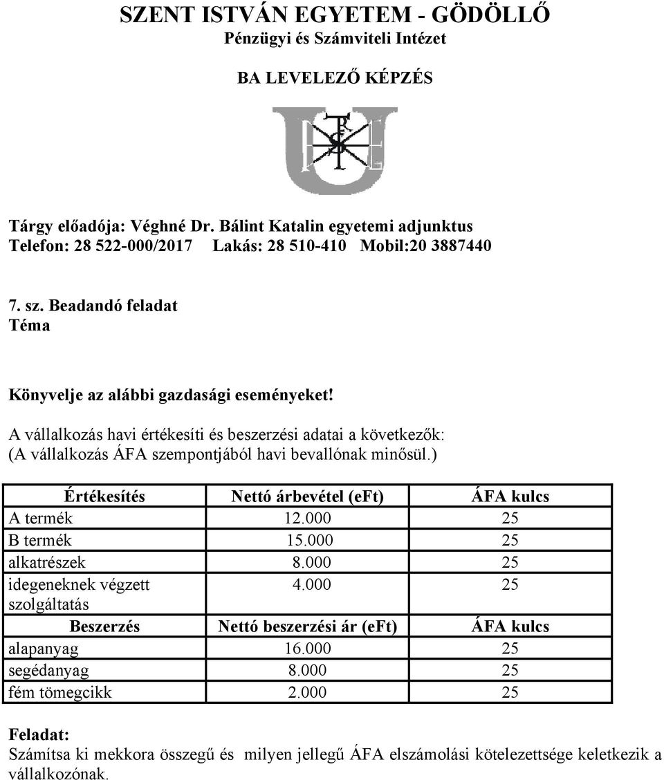 ) Értékesítés Nettó árbevétel (eft) ÁFA kulcs A termék 12.000 25 B termék 15.000 25 alkatrészek 8.000 25 idegeneknek végzett 4.