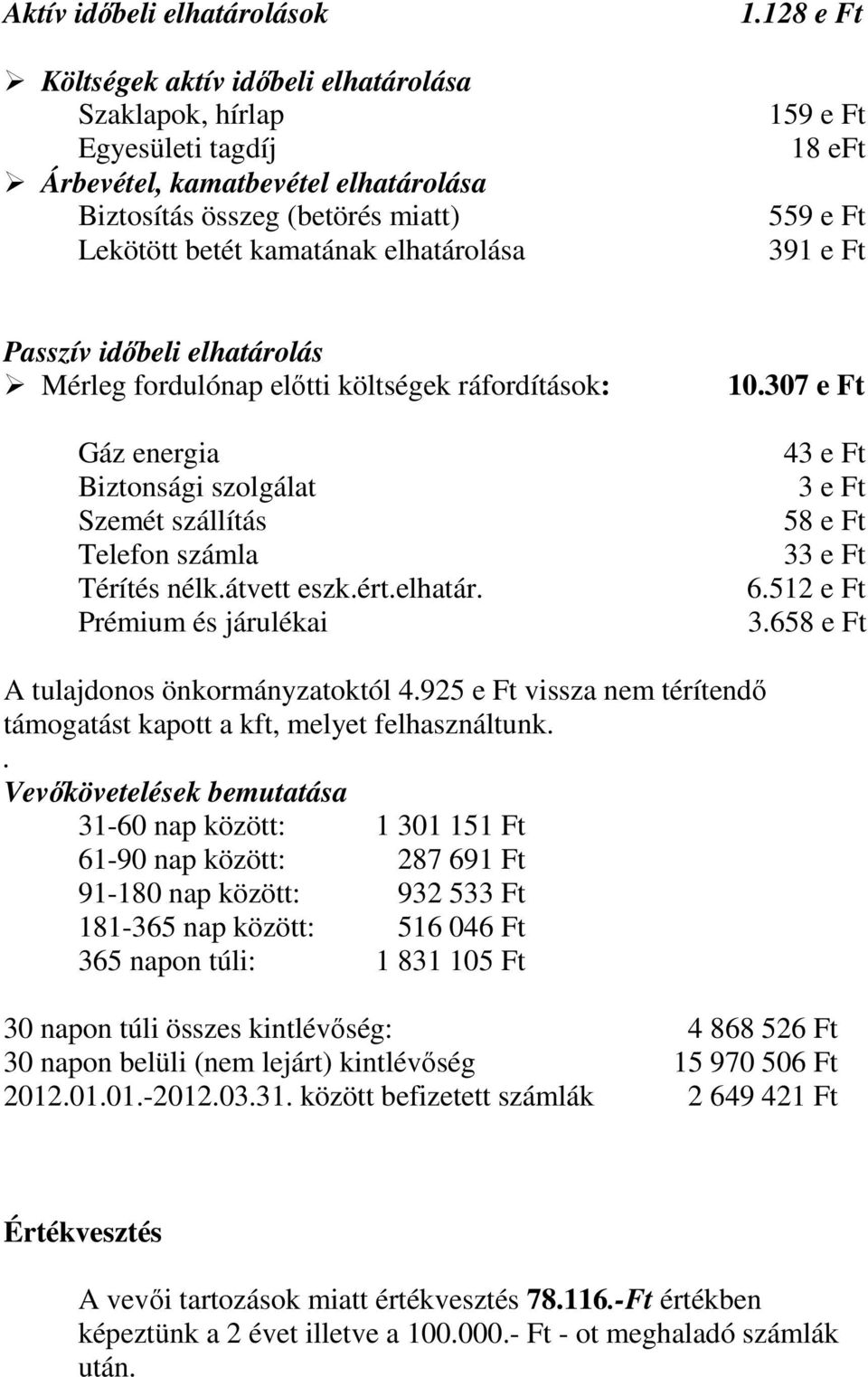 128 e Ft 159 e Ft 18 eft 559 e Ft 391 e Ft Passzív időbeli elhatárolás Mérleg fordulónap előtti költségek ráfordítások: Gáz energia Biztonsági szolgálat Szemét szállítás Telefon számla Térítés nélk.