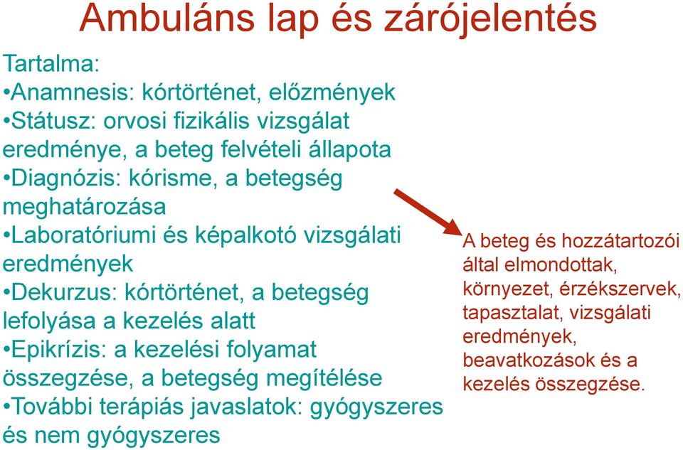 lefolyása a kezelés alatt Epikrízis: a kezelési folyamat összegzése, a betegség megítélése További terápiás javaslatok: gyógyszeres és nem