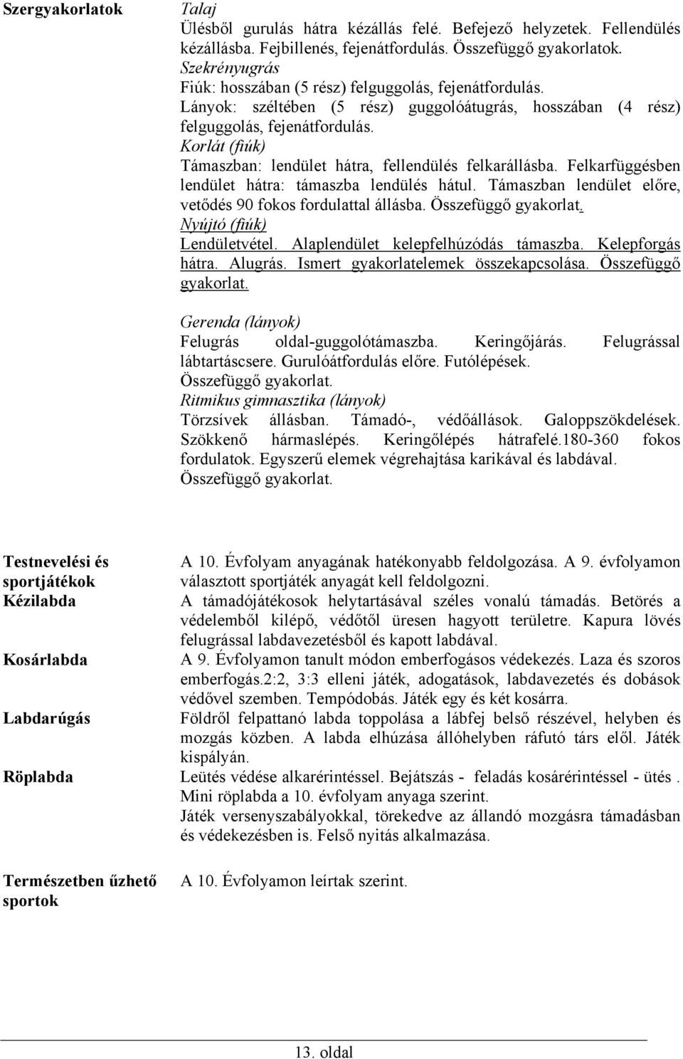 Korlát (fiúk) Támaszban: lendület hátra, fellendülés felkarállásba. Felkarfüggésben lendület hátra: támaszba lendülés hátul. Támaszban lendület előre, vetődés 90 fokos fordulattal állásba.