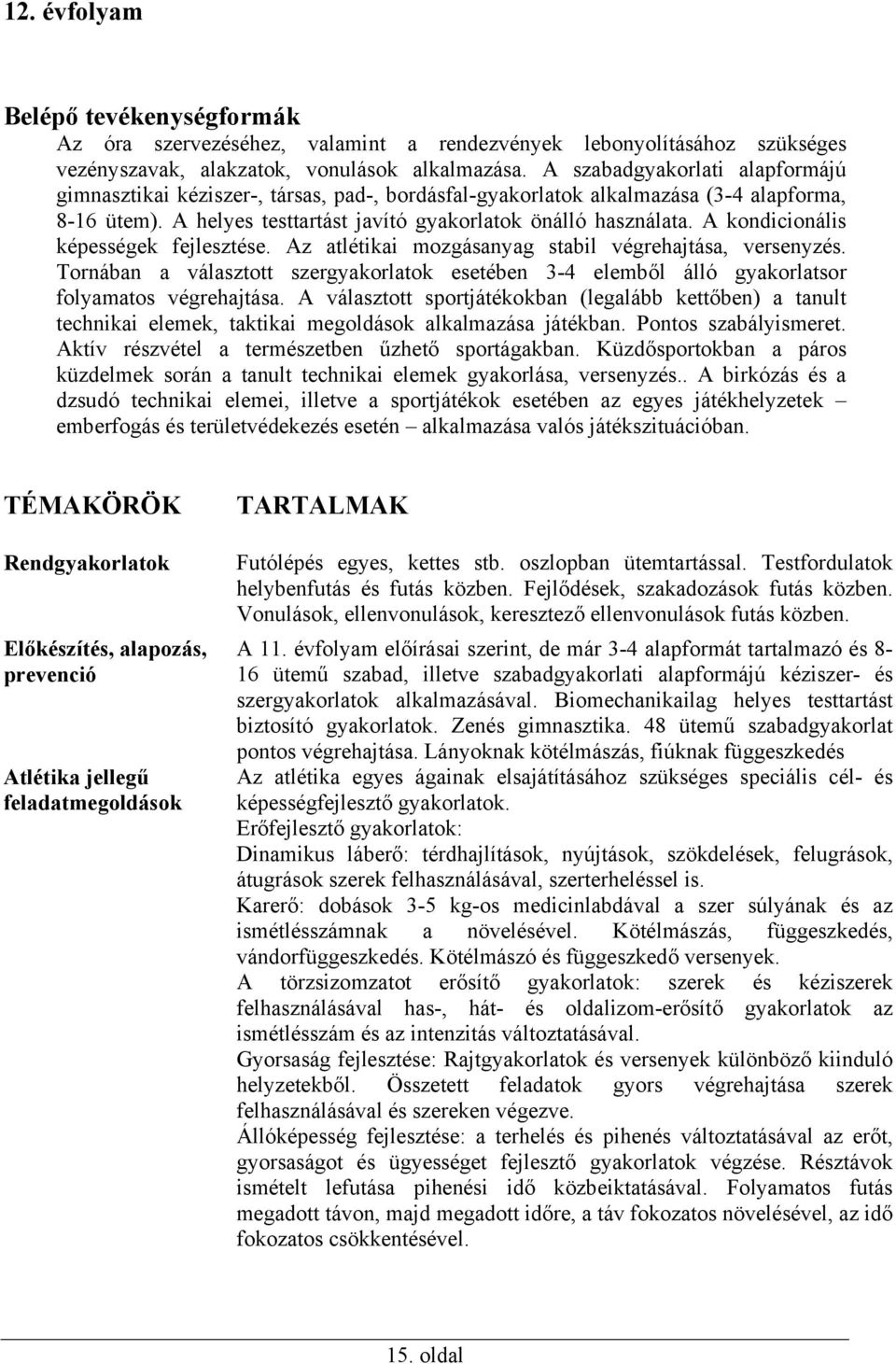 A kondicionális képességek fejlesztése. Az atlétikai mozgásanyag stabil végrehajtása, versenyzés. Tornában a választott szergyakorlatok esetében 3-4 elemből álló gyakorlatsor folyamatos végrehajtása.