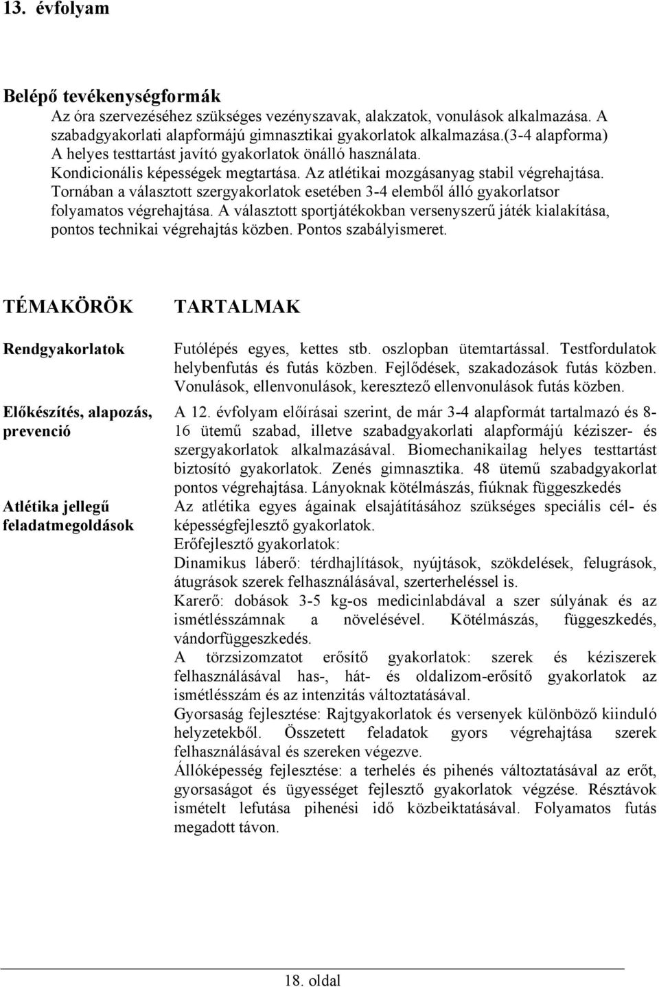 Tornában a választott szergyakorlatok esetében 3-4 elemből álló gyakorlatsor folyamatos végrehajtása. A választott sportjátékokban versenyszerű játék kialakítása, pontos technikai végrehajtás közben.