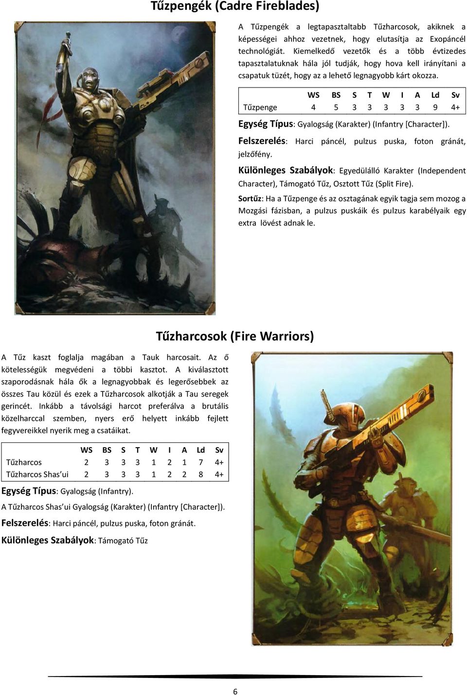 Tűzpenge 4 5 3 3 3 3 3 9 4+ Egység Típus: Gyalogság (Karakter) (Infantry [Character]). Felszerelés: Harci páncél, pulzus puska, foton gránát, jelzőfény.