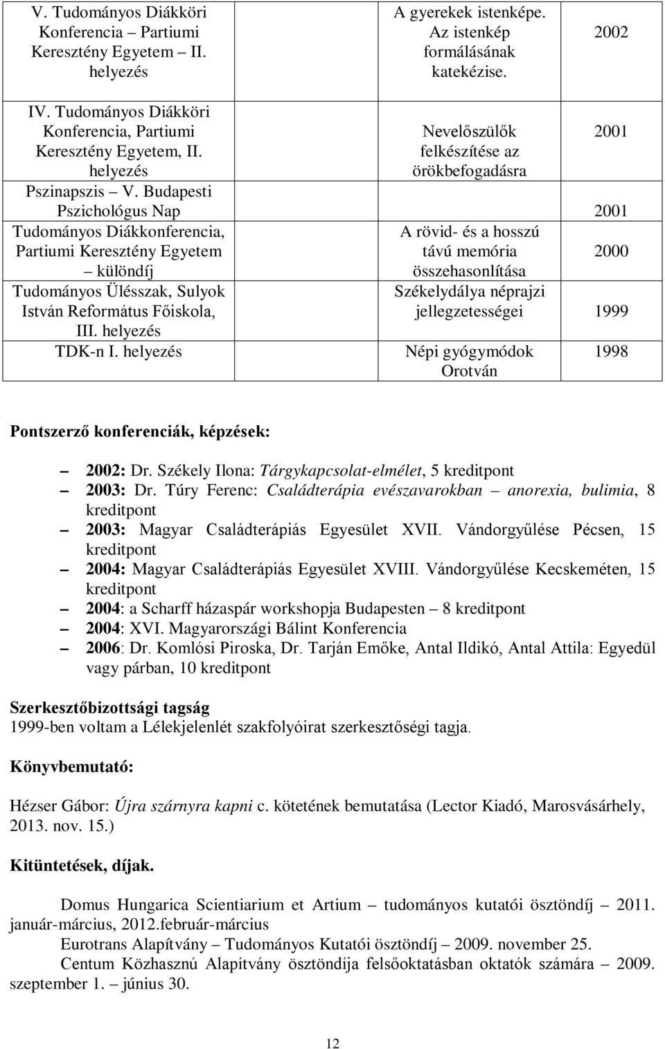 Budapesti Tudományos Diákkonferencia, Partiumi Keresztény Egyetem különdíj Tudományos Ülésszak, Sulyok István Református Főiskola, III. helyezés TDK-n I.