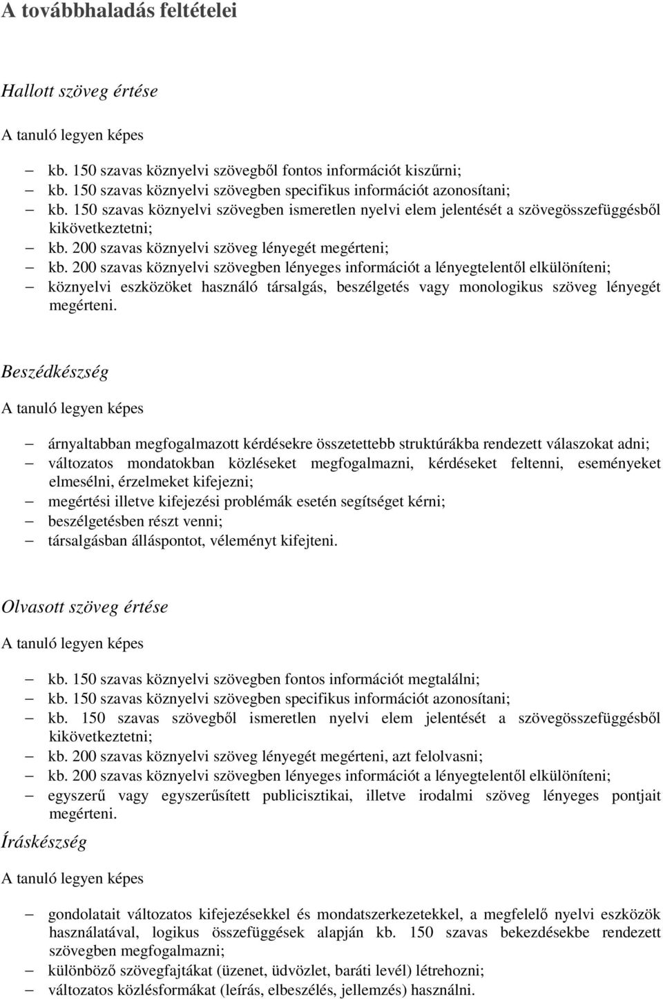 200 szavas köznyelvi szövegben lényeges információt a lényegtelentől elkülöníteni; köznyelvi eszközöket használó társalgás, beszélgetés vagy monologikus szöveg lényegét megérteni.